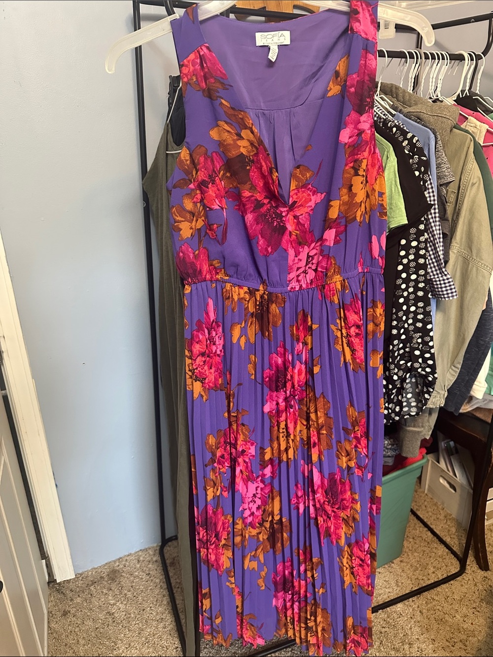Sofia Lavender Floral V-Neck Midi Dress with Pink & Brown Blooms